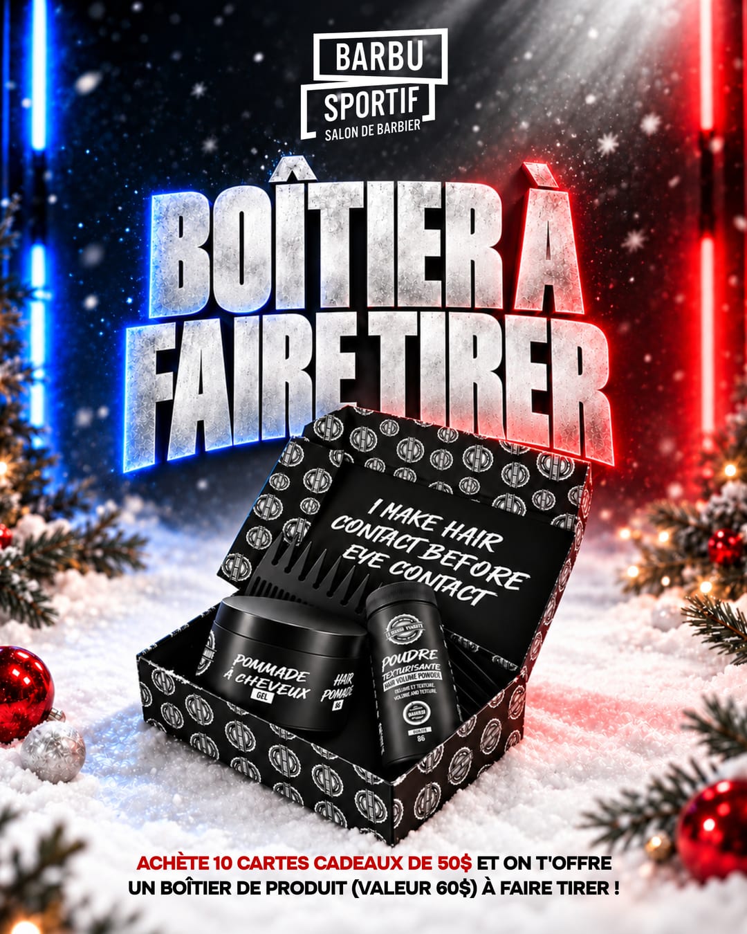 Le boîtier Barbu Sportif dans un décor de Noël enneigé