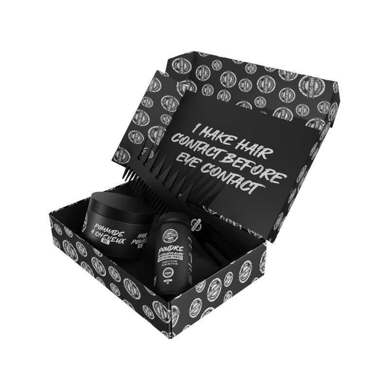 Boîtier Cadeau Barbu Sportif ouvert : pommade gel, poudre texturisante et peigne funky